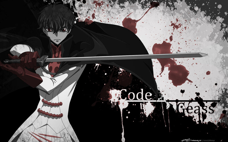 Anime Character with Sword — Black, Dramatic, Blood Splatter, Cloak