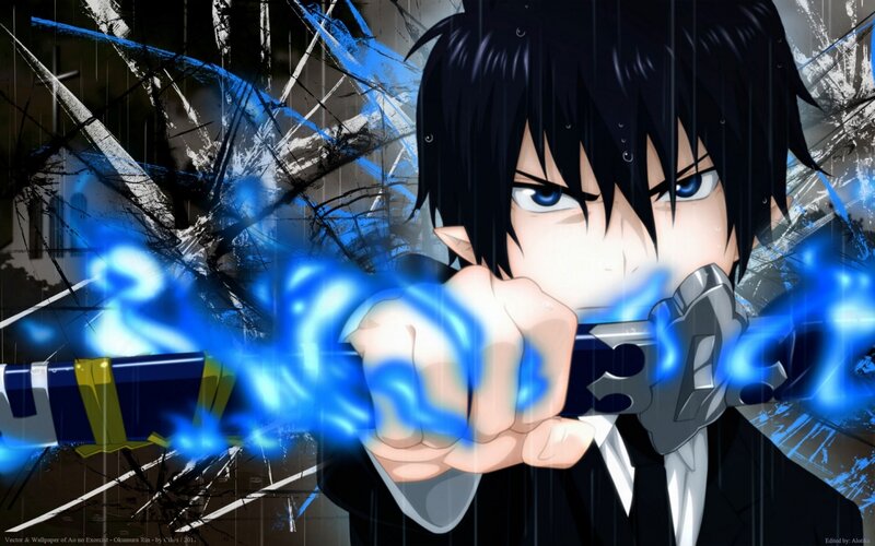 Anime Character with Sword — Black, Dramatic, Blue Energy, Rain
