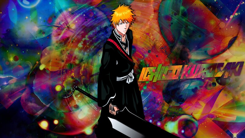 Anime Character with Sword — Black, Dramatic, Colorful Background