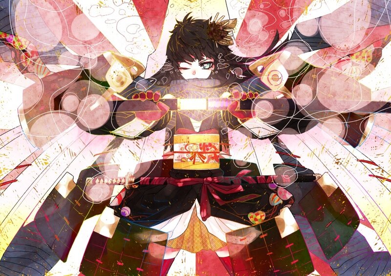 Anime Character with Sword — Black, Dramatic, Digital Art, Armor, Kabuki