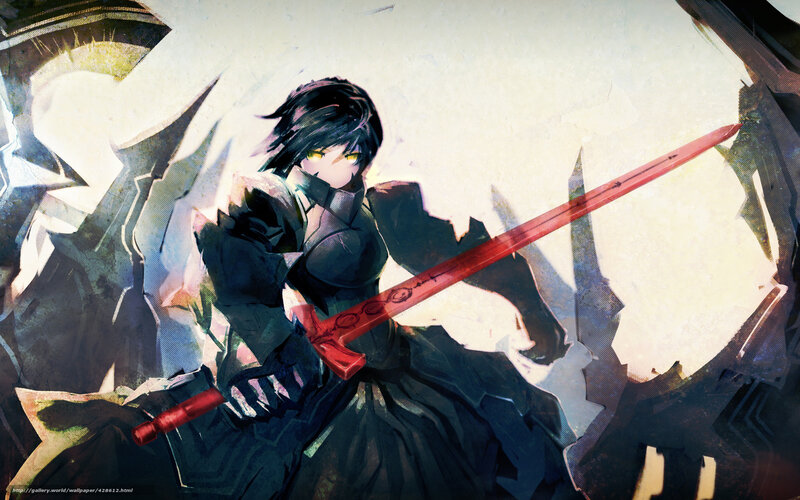 Anime Character with Sword — Black, Dramatic, Digital Art, Armor, Shattered Wall