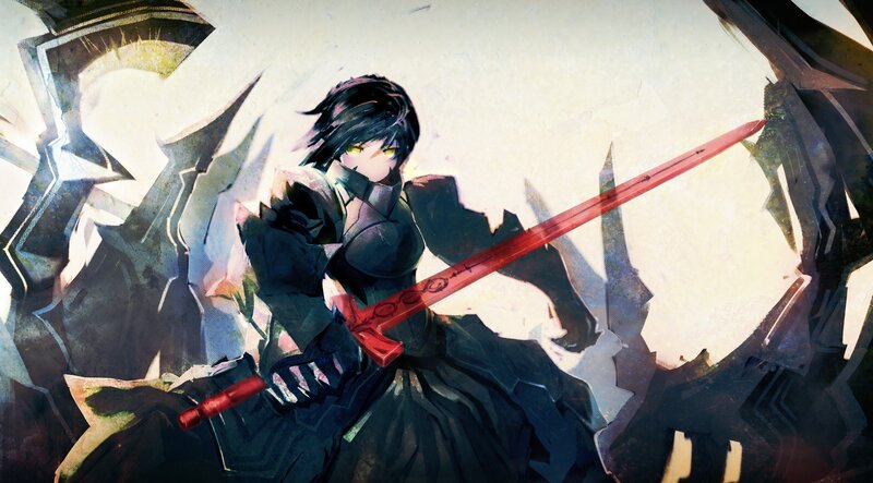 Anime Character with Sword — Black, Dramatic, Digital Art, Armor, Yellow Eyes, Red