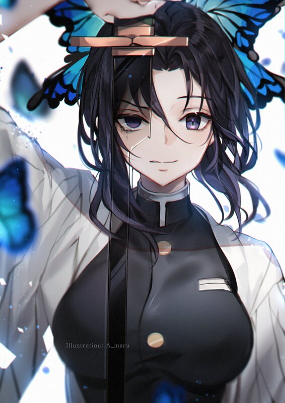 Anime Character with Sword — Black, Dramatic, Digital Art, Butterflies