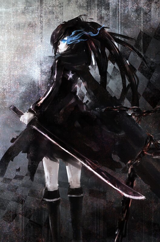 Anime Character with Sword — Black, Dramatic, Digital Art, Chains, Blue Eyes