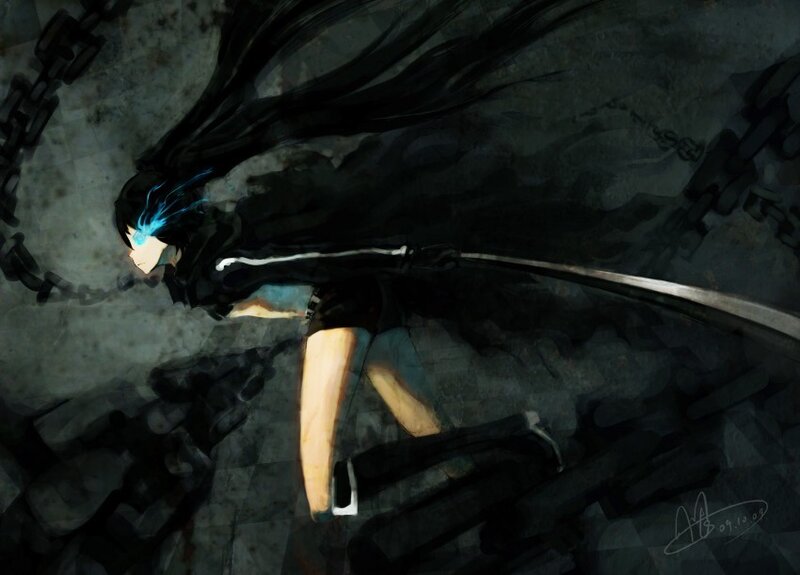 Anime Character with Sword — Black, Dramatic, Digital Art, Chains, Long Hair, Blue
