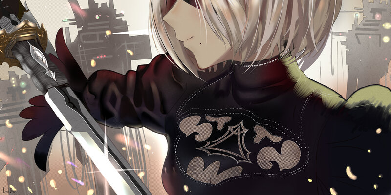 Anime Character with Sword — Black, Dramatic, Digital Art, Cityscape