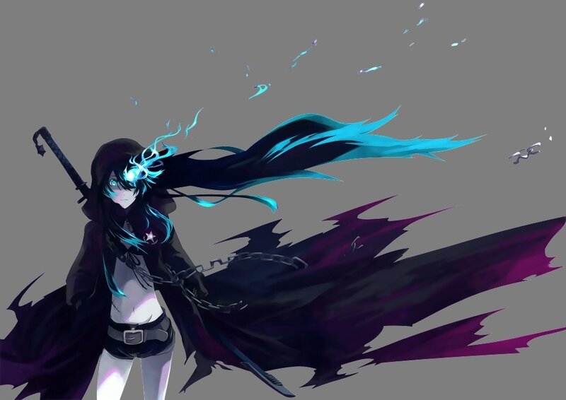 Anime Character with Sword — Black, Dramatic, Digital Art, Cloak, Chain