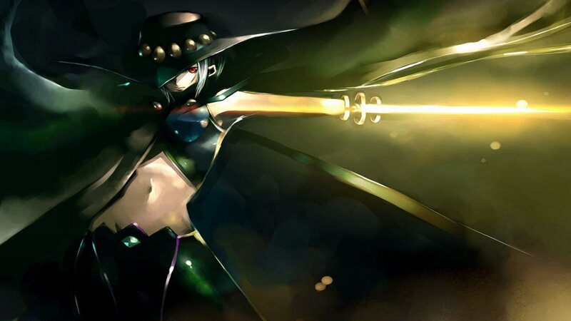 Anime Character with Sword — Black, Dramatic, Digital Art, Cloak, Red Eyes