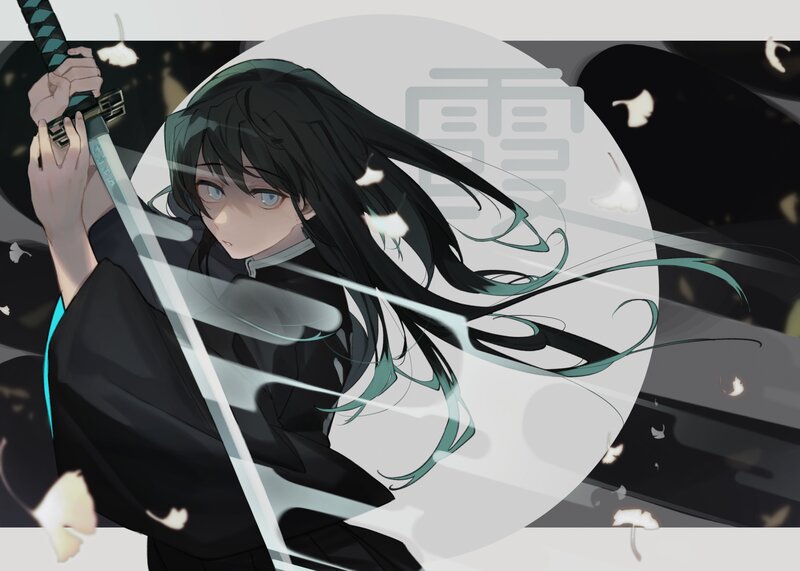Anime Character with Sword — Black, Dramatic, Digital Art, Ginkgo Leaves
