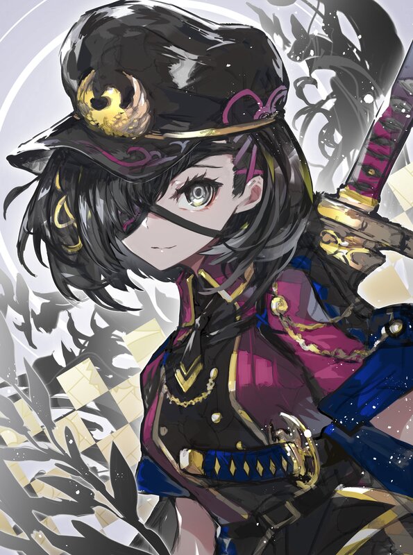 Anime Character with Sword — Black, Dramatic, Digital Art, Hat