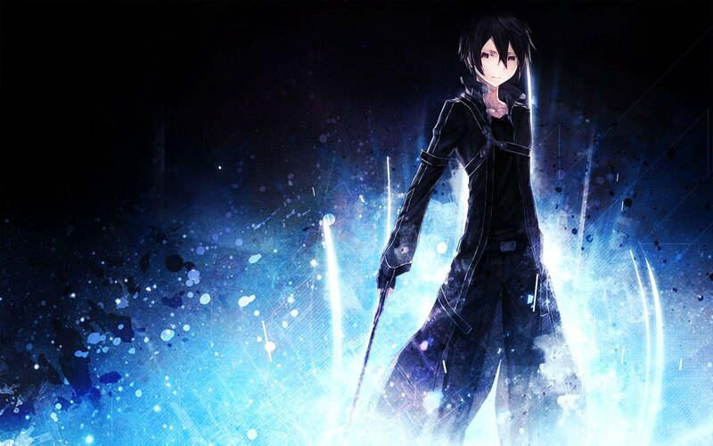 Anime Character with Sword — Black, Dramatic, Digital Art, Light Effects