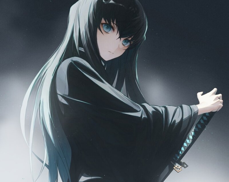 Anime Character with Sword — Black, Dramatic, Digital Art, Long Hair, Blue Eyes