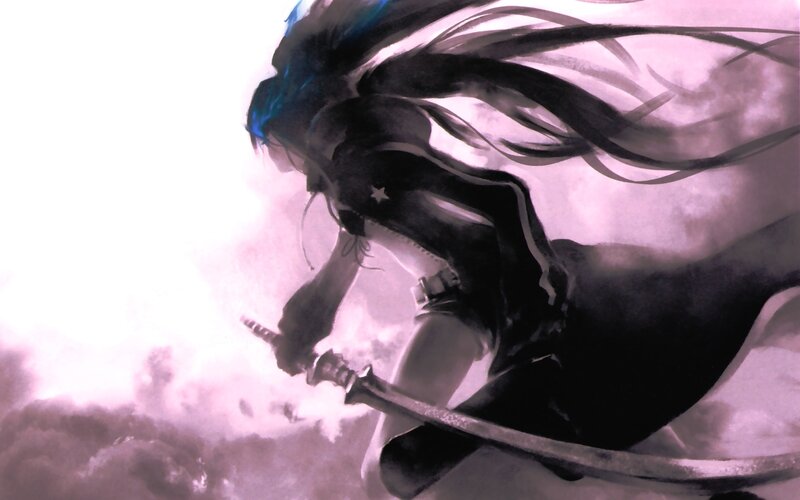 Anime Character with Sword — Black, Dramatic, Digital Art, Long Hair, Clouds
