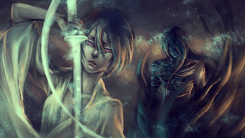 Anime Character with Sword — Black, Dramatic, Digital Art, Long Hair, Dark Background