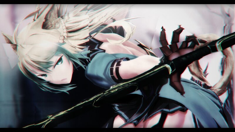 Anime Character with Sword — Black, Dramatic, Digital Art, Long Hair, Glitch Effect