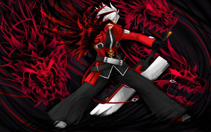 Anime Character with Sword — Black, Dramatic, Digital Art, Red Energy
