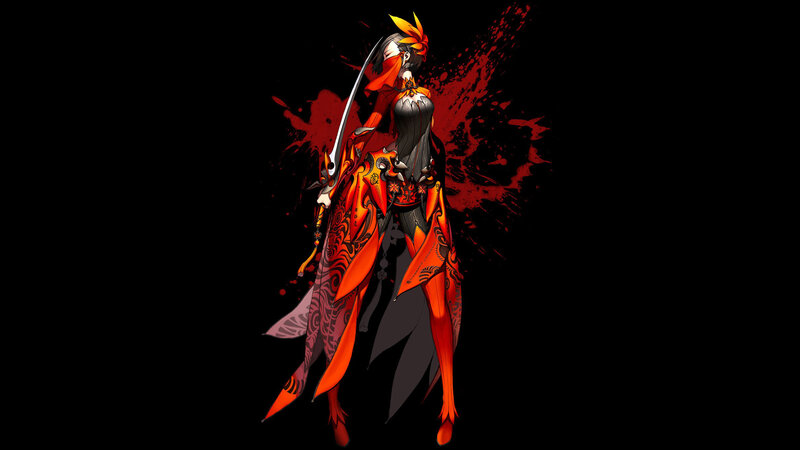 Anime Character with Sword — Black, Dramatic, Digital Art, Red Splatters