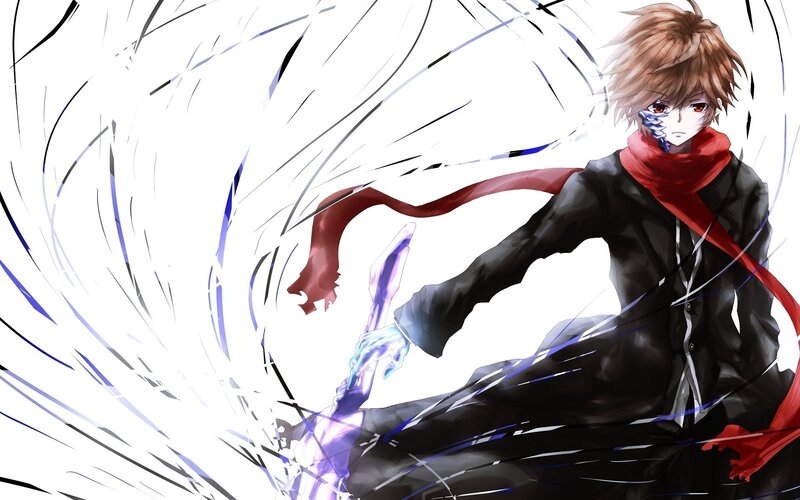 Anime Character with Sword — Black, Dramatic, Digital Art, Scarf, Face Paint