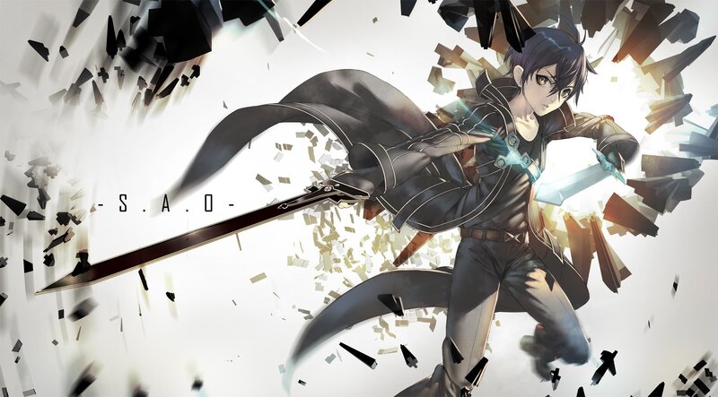 Anime Character with Sword — Black, Dramatic, Digital Art, Shattered Glass