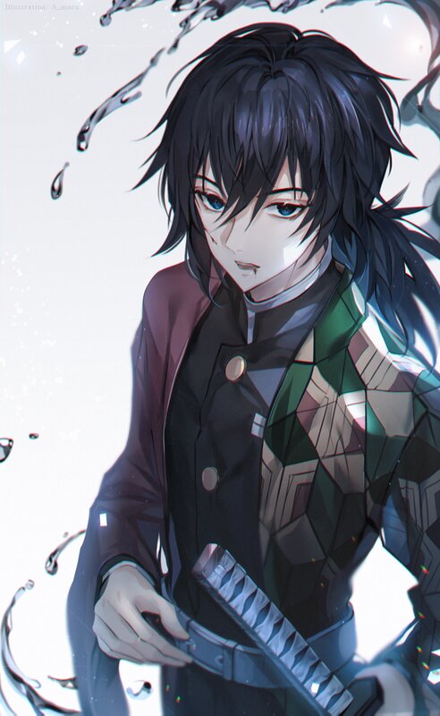 Anime Character with Sword — Black, Dramatic, Digital Art, Water Droplets