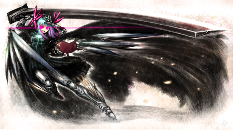 Anime Character with Sword — Black, Dramatic, Digital Art, Wings