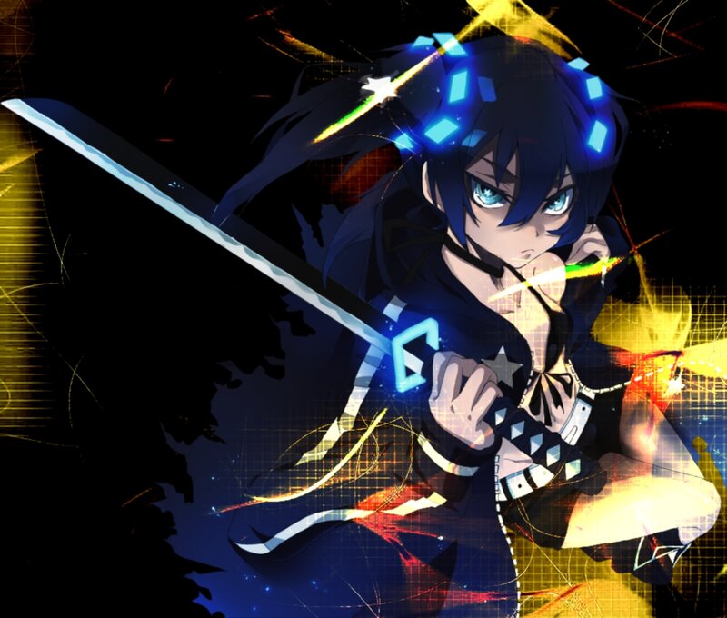 Anime Character with Sword — Black, Dramatic, Glowing Lights