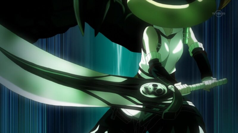 Anime Character with Sword — Black, Dramatic, Green Light