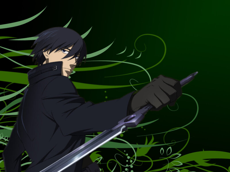 Anime Character with Sword — Black, Dramatic, Green Swirls