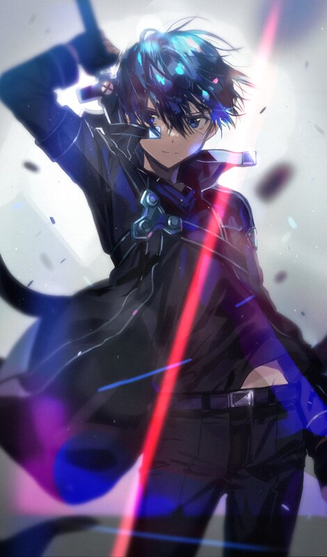Anime Character with Sword — Black, Dramatic, Light Effects