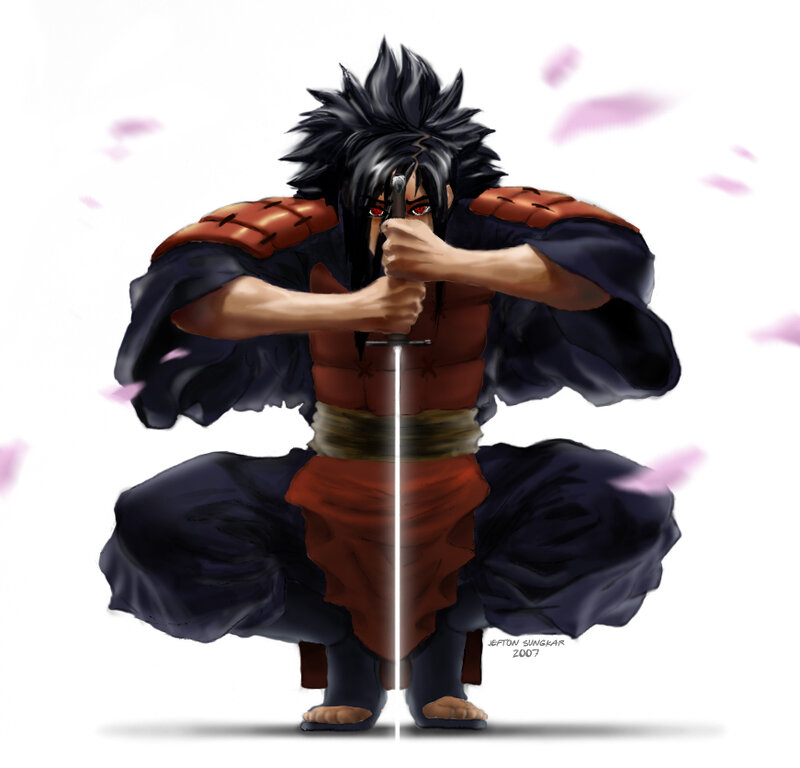 Anime Character with Sword — Black, Dramatic, Manga, Cherry Blossoms, Spiky Hair