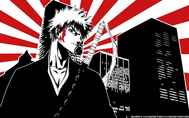 Anime Character with Sword — Black, Dramatic, Manga, Cityscape