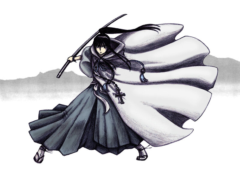 Anime Character with Sword — Black, Dramatic, Manga, Cloak, Mountains