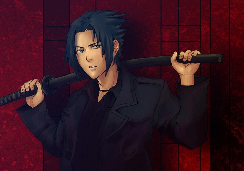 Anime Character with Sword — Black, Dramatic, Manga, Coat, Necklace