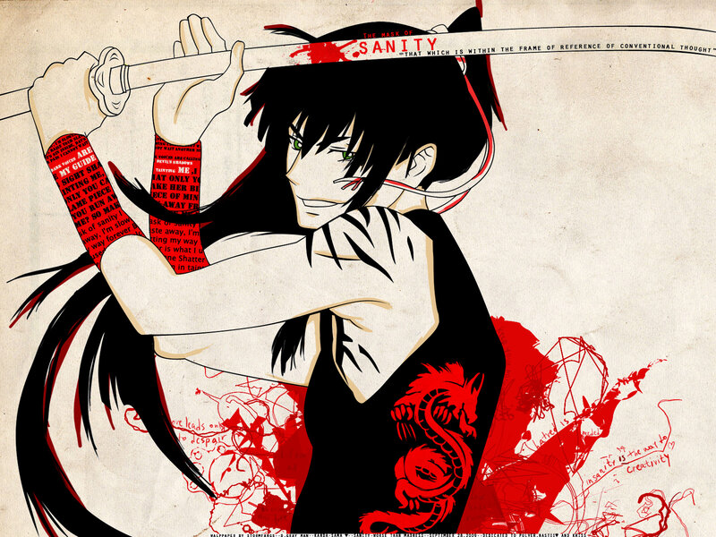 Anime Character with Sword — Black, Dramatic, Manga, Dragon Tattoo