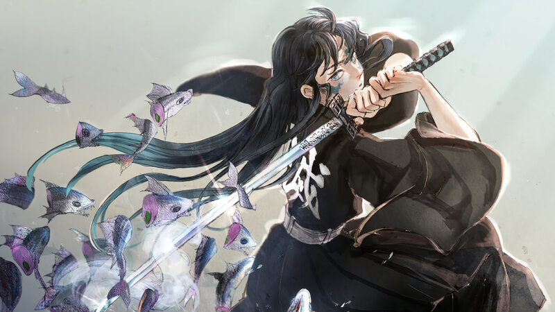 Anime Character with Sword — Black, Dramatic, Manga, Fish