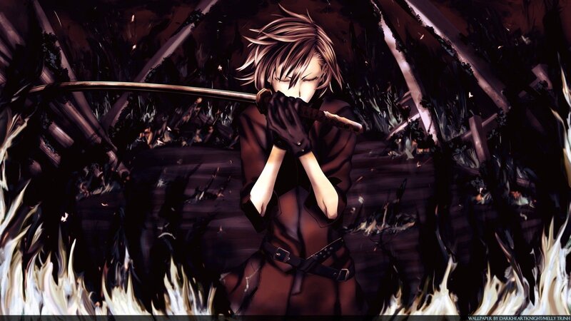 Anime Character with Sword — Black, Dramatic, Manga, Flames, Dark Background