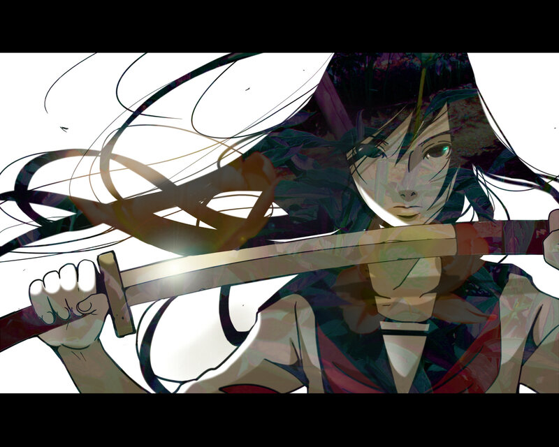 Anime Character with Sword — Black, Dramatic, Manga, Long Hair, Forest