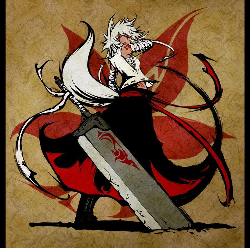Anime Character with Sword — Black, Dramatic, Manga, Red Ribbons
