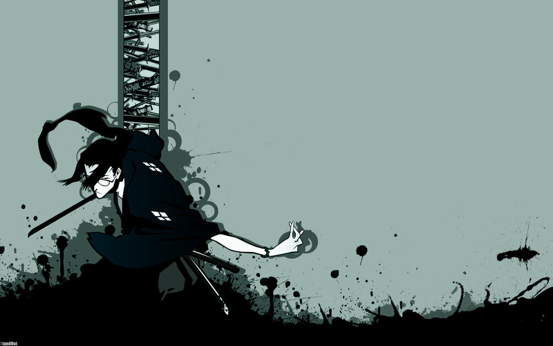 Anime Character with Sword — Black, Dramatic, Manga, Splatters, Black Cloak