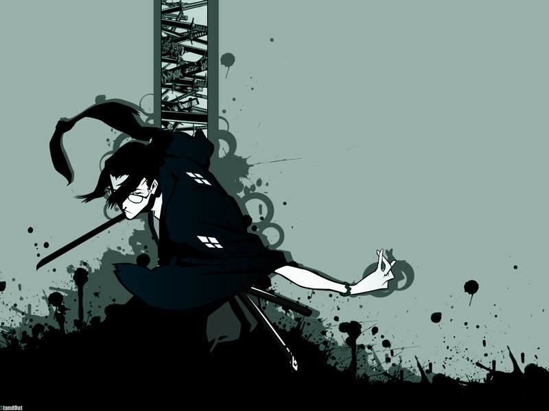 Anime Character with Sword — Black, Dramatic, Manga, Splatters, Building