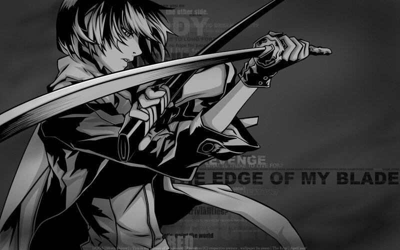 Anime Character with Sword — Black, Dramatic, Manga, Text, Black and White