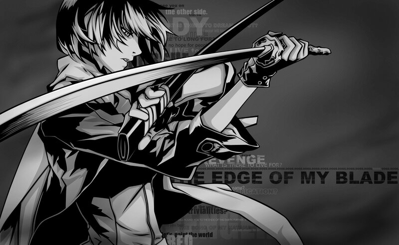 Anime Character with Sword — Black, Dramatic, Manga, Text