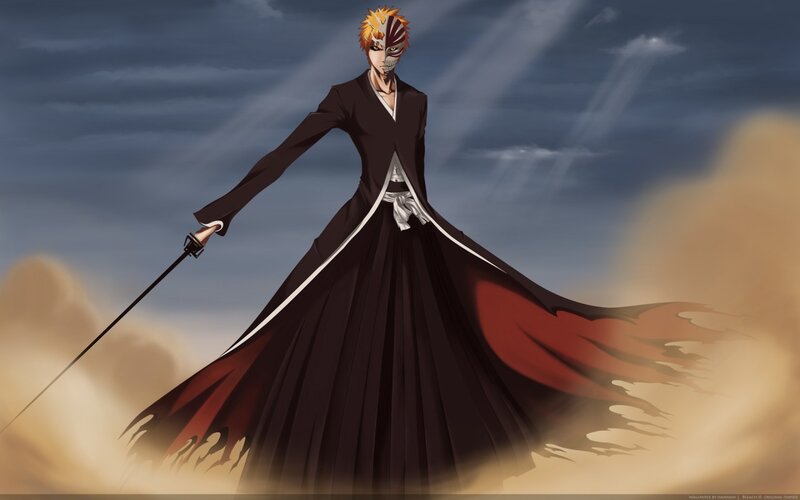 Anime Character with Sword — Black, Dramatic, Mask, Clouds