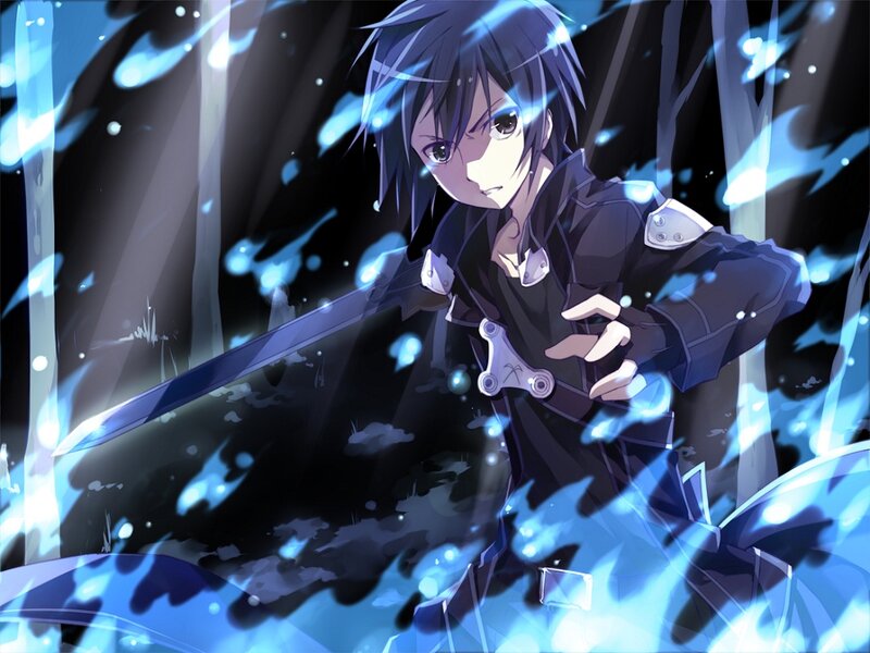 Anime Character with Sword — Black, Dramatic, Night, Blue Energy, Forest