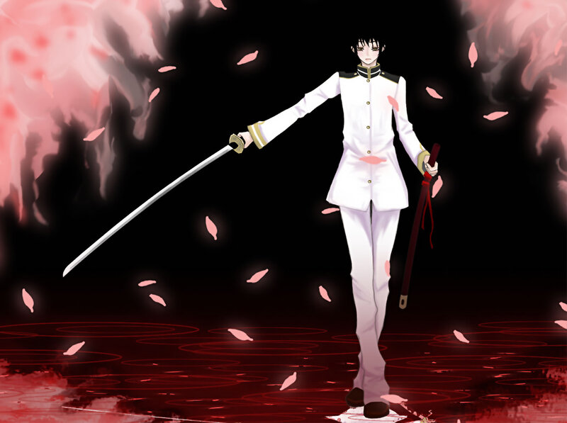 Anime Character with Sword — Black, Dramatic, Night, Cherry Blossoms, Blood