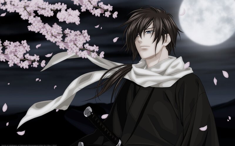 Anime Character with Sword — Black, Dramatic, Night, Cherry Blossoms, Moon