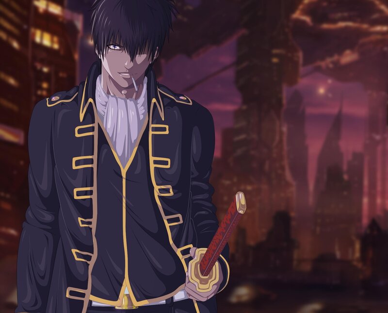 Anime Character with Sword — Black, Dramatic, Night, Cigarette