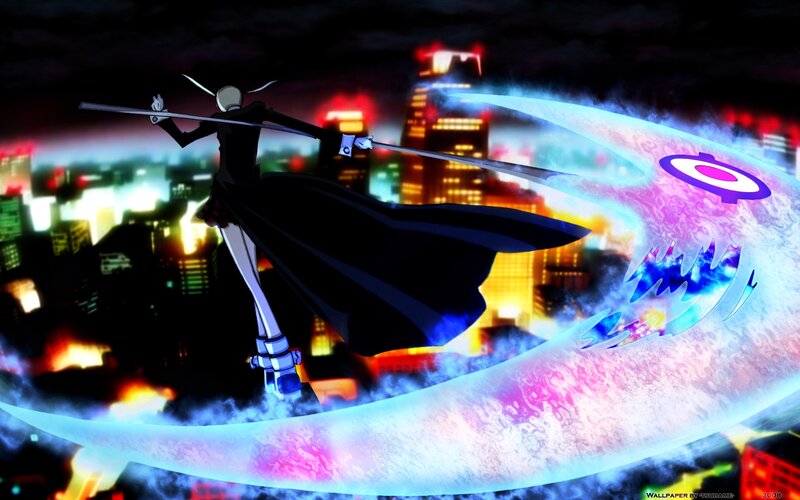 Anime Character with Sword — Black, Dramatic, Night, Cityscape, Energy Wave