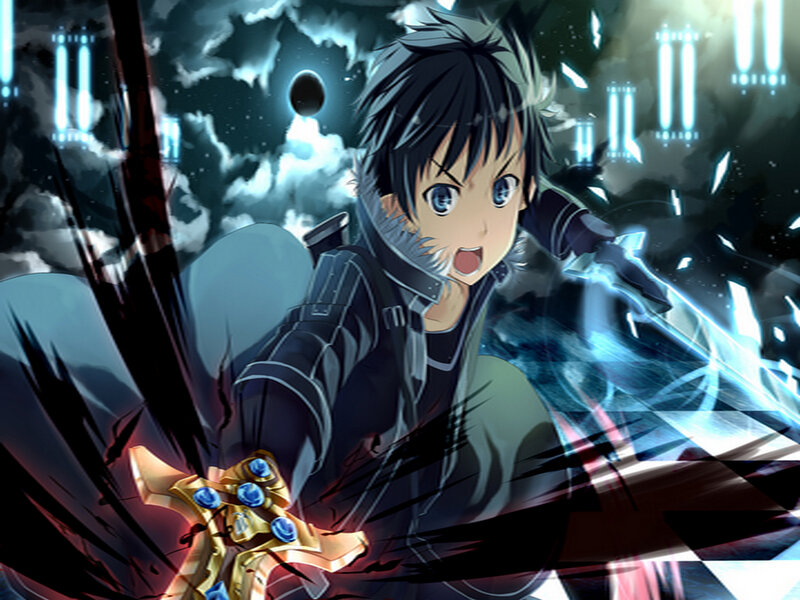 Anime Character with Sword — Black, Dramatic, Night, Clouds, Lightning