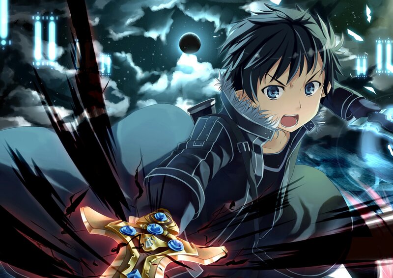 Anime Character with Sword — Black, Dramatic, Night, Clouds, Night Sky